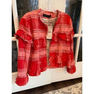 NWT ZARA Red Plaid Tweed Lady Jacket Size M